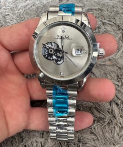 Reloj Rolex Caballero Plateado Fondo Plateado Espiral Negro