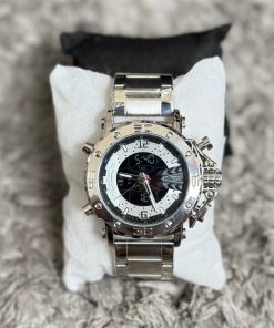 Reloj Doble Hora Edifice Casio Plateado Fondo Blanco Y Negro